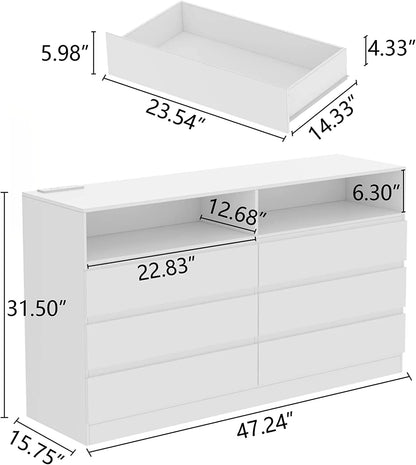 Gyfimoie 6 Drawer Double Dresser with Power Outlet, Accent Chests of Drawers with LED Light