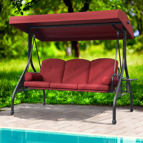 NOBLEMOOD 3-Seat Patio Porch Swing with Adjustable Canopy, Thickened Cushion & Foldable Tray, Red