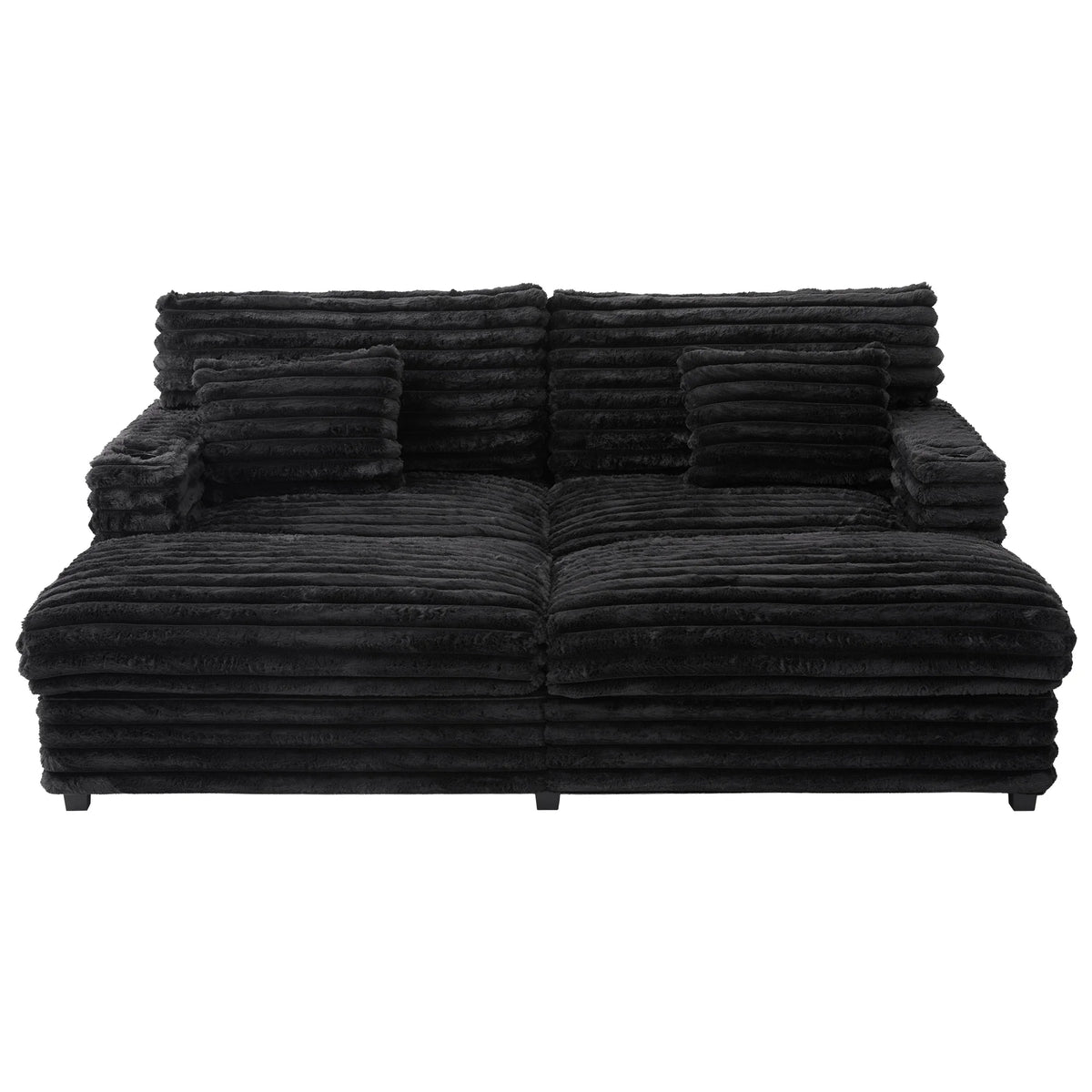 Oversized Double Chaise Lounge, Faux Fur Upholstered Deep Seat Sofa with 2 Pillows, 2 Cupholders, and Dual USB Ports