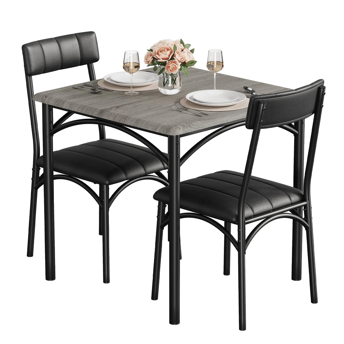 Yesfashion 3 Piece Dining Table Set, Kitchen Table and Chairs for 2, Metal and Wood Square Dining Room Table Set with 2 Upholstered Chairs