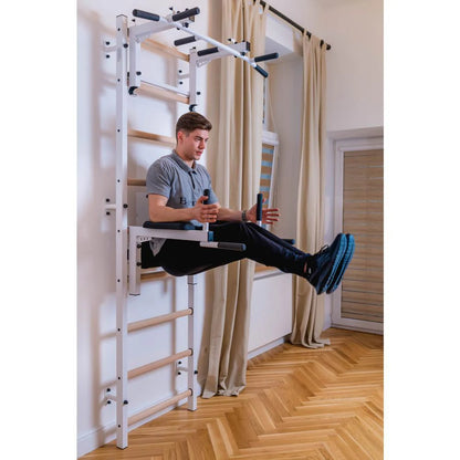 BenchK 733 White Wall bars with convertible steel 6-grip pull-up bar that can also be used as a barbell holder, dip bar with back support and advanced workout bench