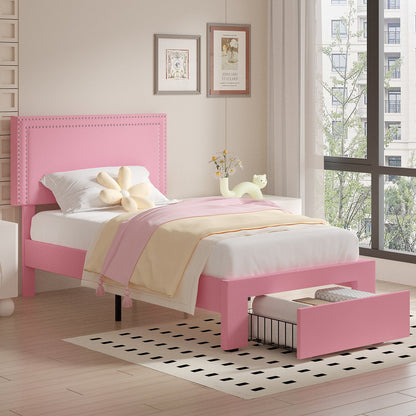 VECELO Full Bed Frame with 4 Storage Drawers (Wheeled) and Tufted Upholstered Adjustable Headboard Platform Bed, Beige