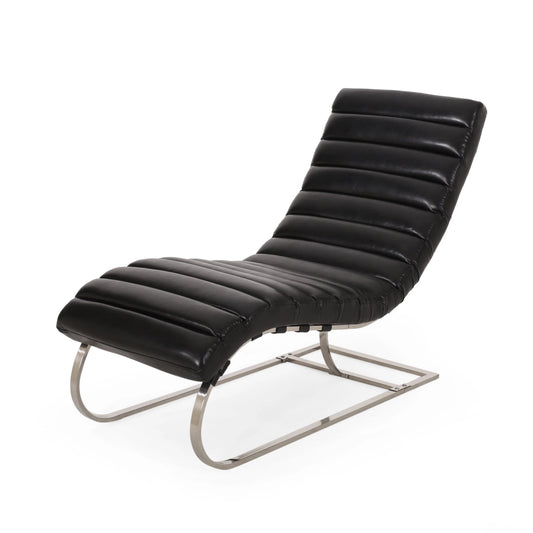 Zarae Modern Channel Stitch Chaise Lounge, Midnight Black and Silver