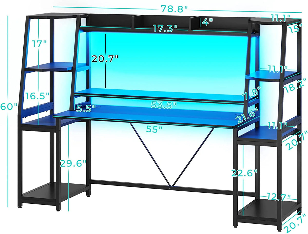 SEDETA 78.8'' Gaming Desk with Hutch and Storage Shelves,LED Lights Computer Desk Gamer Desk, Black