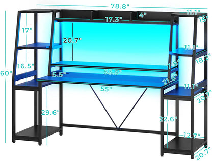 SEDETA 78.8'' Gaming Desk with Hutch and Storage Shelves,LED Lights Computer Desk Gamer Desk, Black