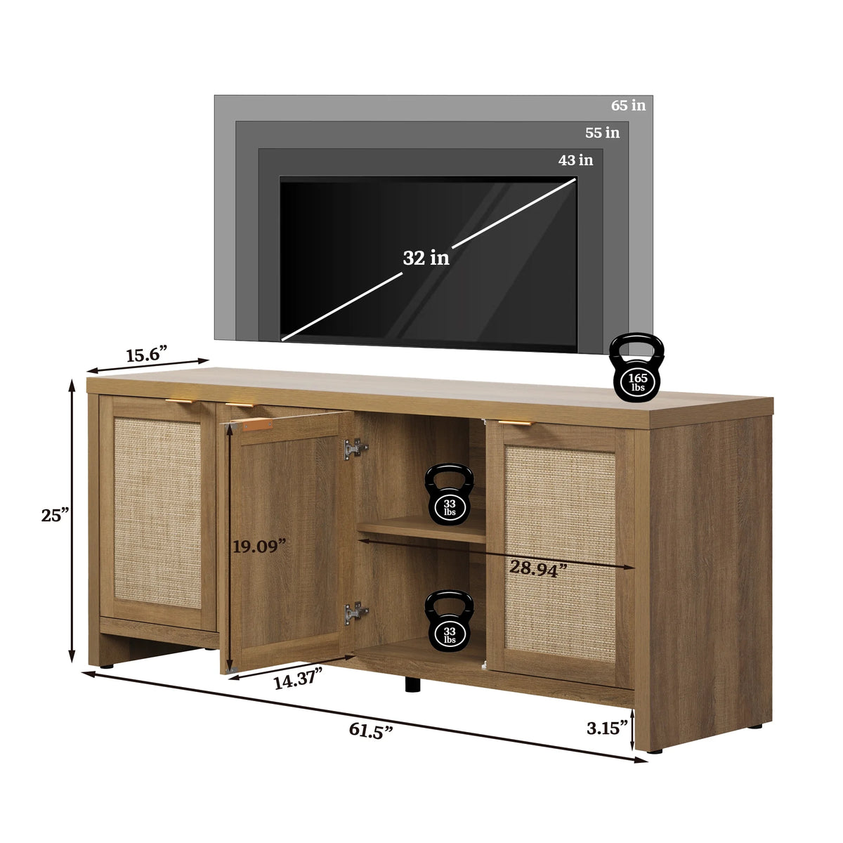 SICOTAS 61.5"W Rattan TV Stand with 4 Doors, Boho Entertainment Center with Adjustable Shelves & Spacious Countertop �C Large Boho Farmhouse Media Console for Living Room, Reclaimed Caramel Oak