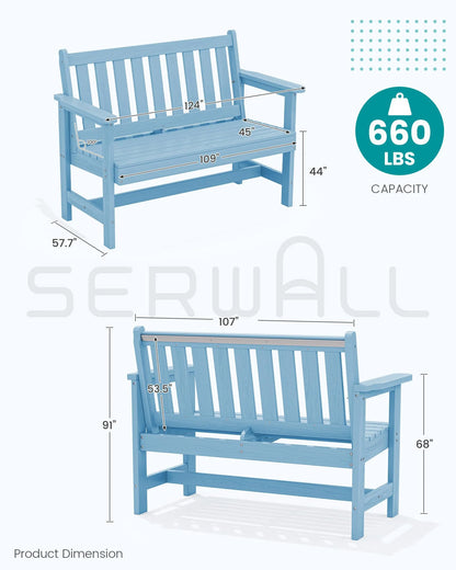 SERWALL Outdoor Bench for 2-Person, Weather-Resistant HDPE with Aluminum Reinforcement, Supports 660 lbs, Comfortable Seating for Patio, Garden, and Porch, Black