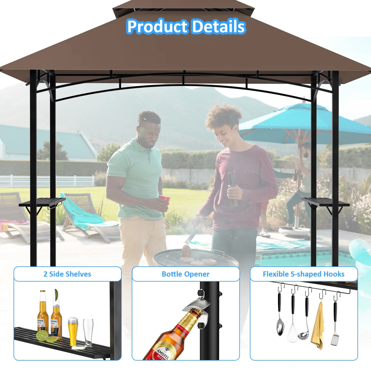 GVDV 8'x 5' Grill Gazebo Canopy, Outdoor BBQ Gazebo Shelter with 2 Side Shelves & Double-Tiered Top