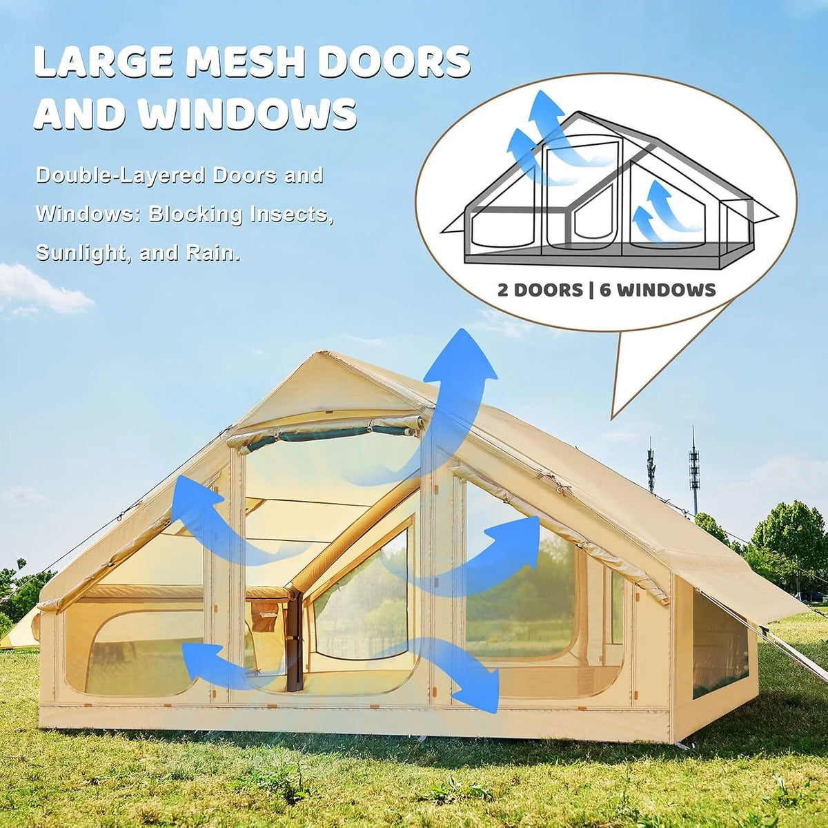 NAIZEA Inflatable Tent Air Glamping Tents 6Person Cabin Tent&Mesh&Chimney Window