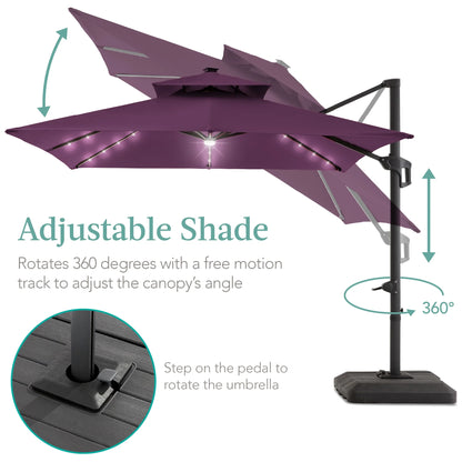 Best Choice Products 10x10ft 2-Tier Square Outdoor Solar LED Cantilever Patio Umbrella w/ Base Included - Tan