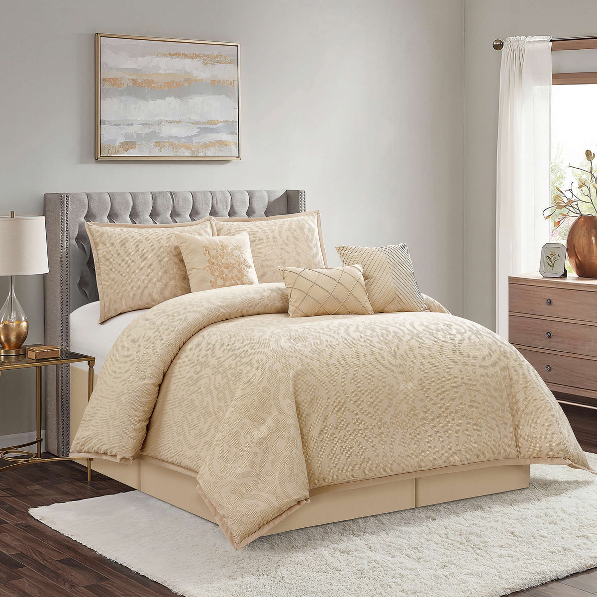 Lanco Smoke Grey Comforter Set California King Size, 9 Piece Jacquard Floral Bedding Set, All Season, Ultra-Soft, Matching Pillows & Shams, Bed Skirt