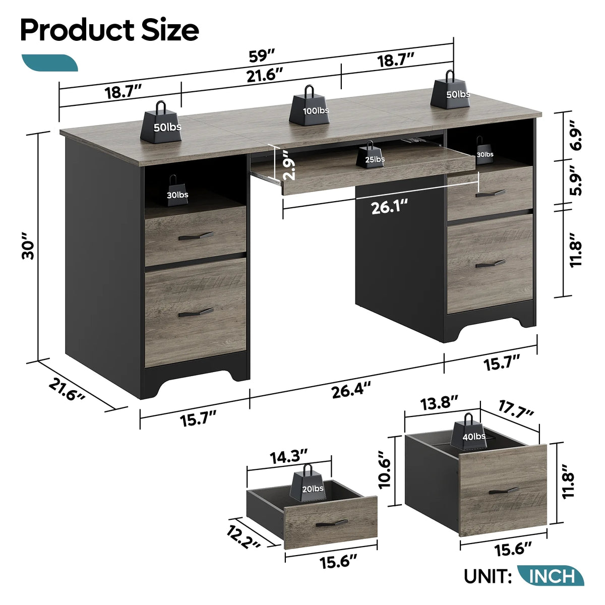 Bestier 59�� Computer Desk with 4 Drawers, Office Executive Desk with File Drawer, Keyboard Tray for Home Office, Gray