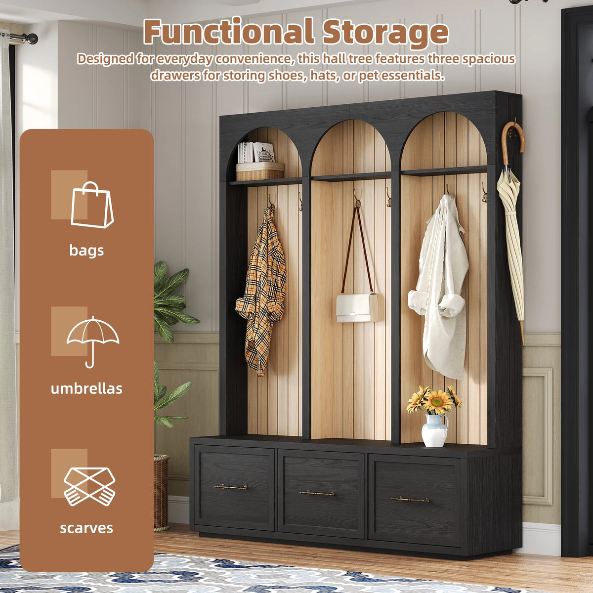 Euroco Farmhouse Wooden Style Hall Tree with Arched Design, Elegant 59" Wide Entryway Bench with 8 Retro Hooks, Rustic Coat Rack & Shoe Organizer with 3 Drawers for Mudroom, Living Room, Dark Walnut