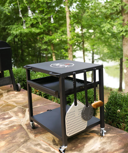 NUUK Three-Shelf Heavy Duty Rolling Outdoor Pizza Oven Table, 24" x 30" Steel Commercial Multifunctional Food Prep Worktable on Wheels