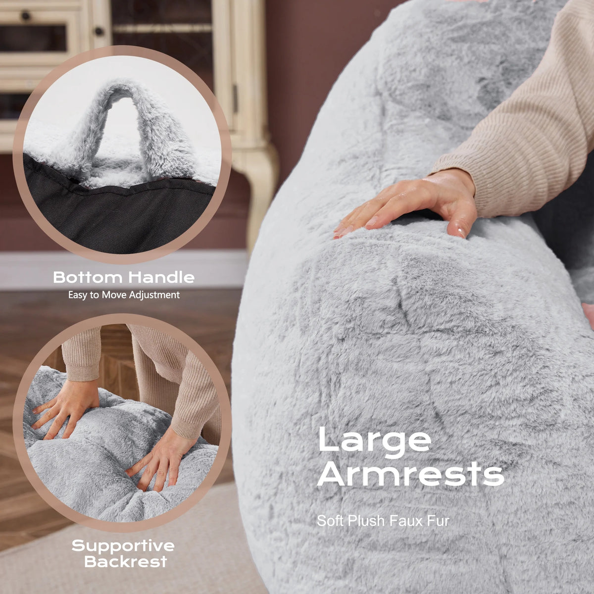 HOMGUAVA Giant Bean Bag Chair for Adults & Kids, Oversized Lounger Couch Large Lazy Chair w/ Stuffed Memory Foam & Wide Armrests, Light Gray