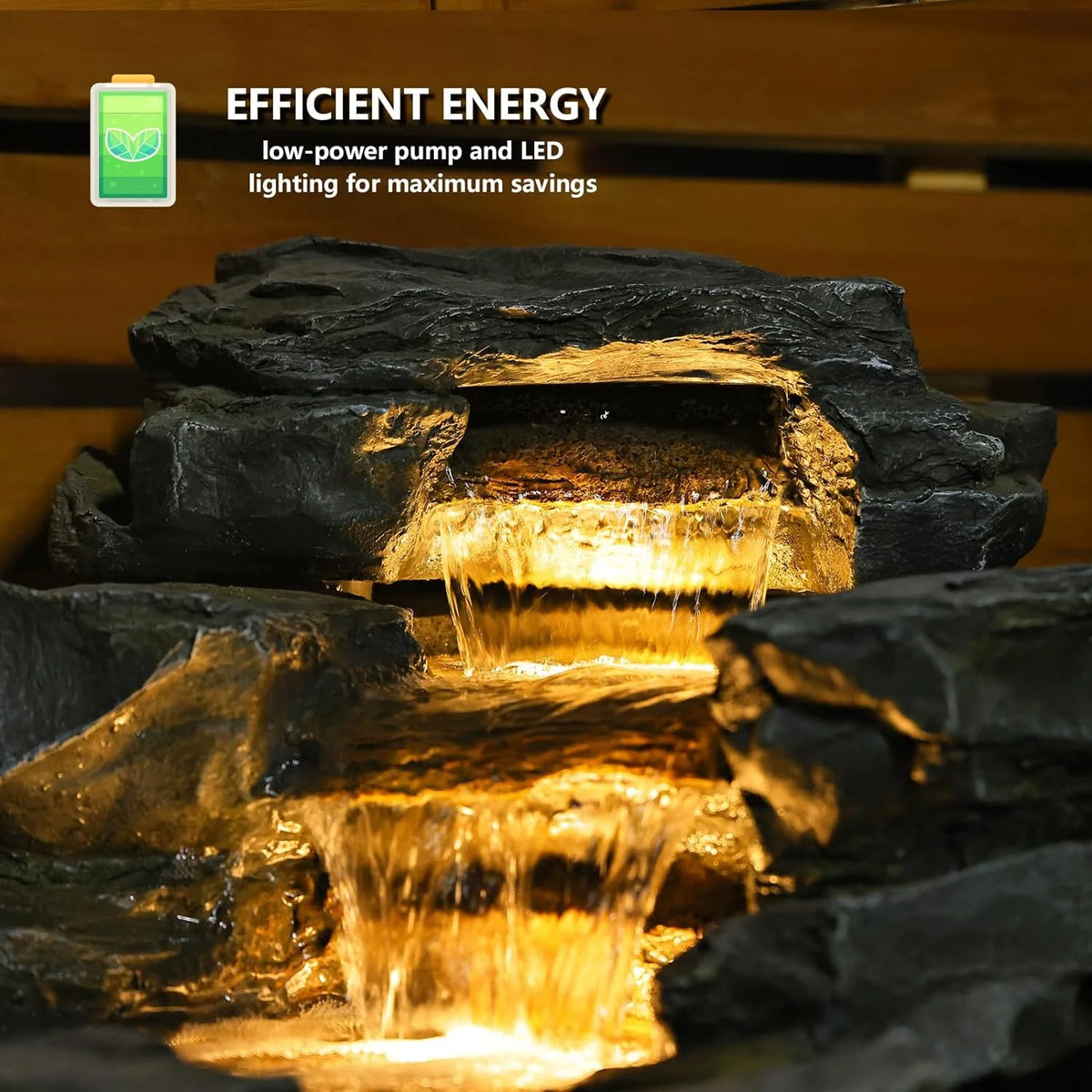 Outdoor Water Fountain Floor Standing Tiers Rock Natural Waterfall Outdoor Fountains with LED Lights for Garden, Patio, Porch