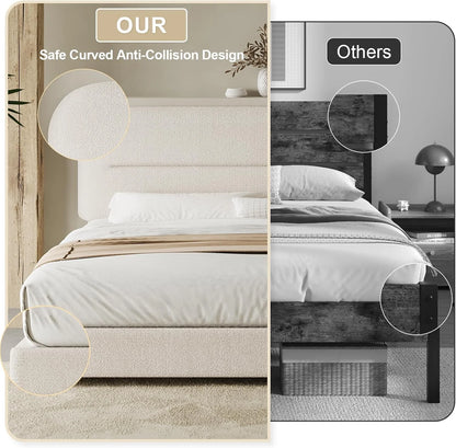 4 EVER WINNER Queen Bed Frame with Headboard, Boucle Upholstered Platform Bed Frame wiith Rounded Corner, Soft Cloud Bed Frame, No Box Spring Needed, White