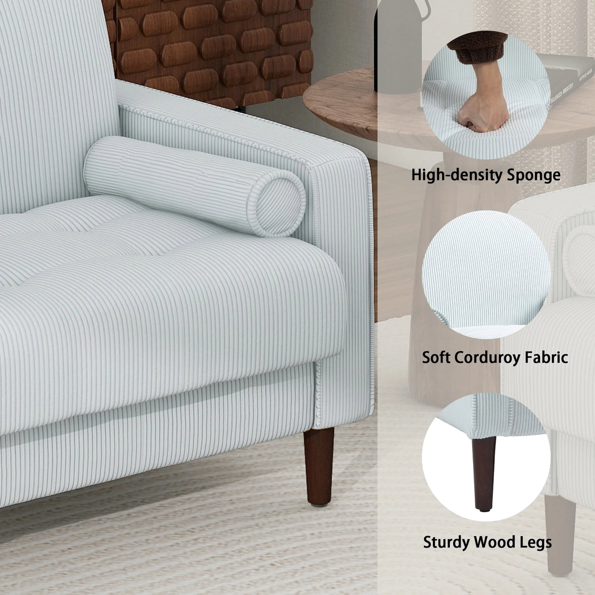 UIXE Corduroy Accent Chair Modern Upholstered Arm Chairs Comfy Reading Armchair with Pillow Armrest Tufted Living Room Single Sofa Lounge Seat, Yellow