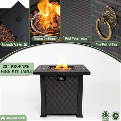 28" Fire Pit Table, Propane Fire Pit with Lid, Lava Rocks, 50000 BTU Outdoor Gas Fire Pit, Metal Square Propane Fire Pit for Outside Garden Backyard Deck Patio, Brown, LLL4008