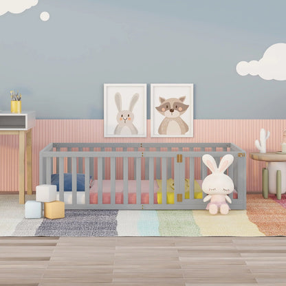 Wood Floor Bed with Fence and Door for Kids, Twin, Gray