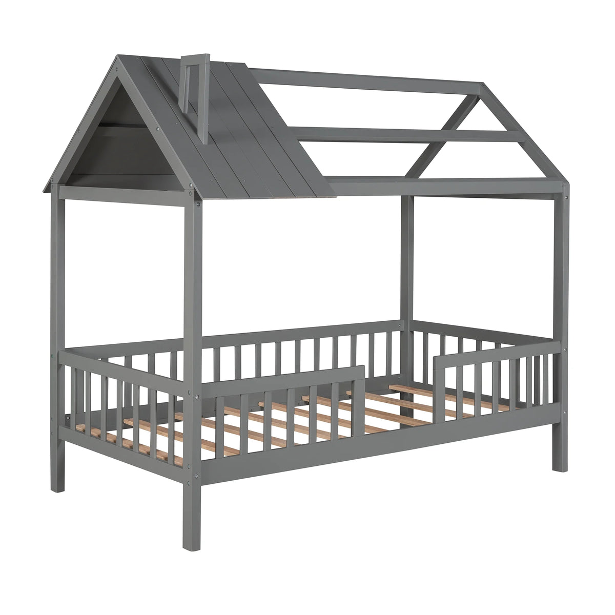 Euroco Twin Size Platform Bed, House Bed with Fence for Kids, Gray