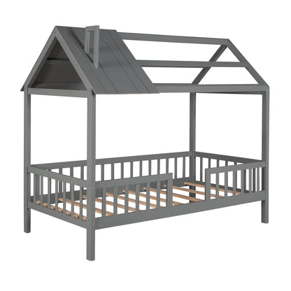 Euroco Twin Size Platform Bed, House Bed with Fence for Kids, Gray