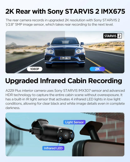 VIOFO A229 Plus Dash Cam with Dual STARVIS 2 Sensors, 2 Channel HDR, 1440P+1440P Front and Rear, Voice Control Car Dash Camera, 5GHz Wi-Fi, Ultra-Precise GPS, 24 Hours Parking Mode, Support 512GB Max