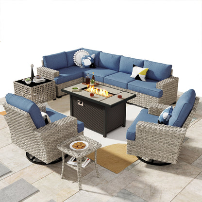Ovios 10 Pieces Outdoor Patio Furniture Modern High-Back All-Weather Wicker Sectional Conversation Set with Propane Fire Pit Table & Swivel Chair, Dark Gray