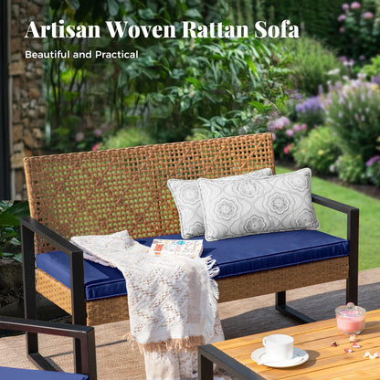 MF Studio 4-Piece All-Weather Rattan Patio Furniture Set, Outdoor Conversation Set with Wood Table, Brown and Beige
