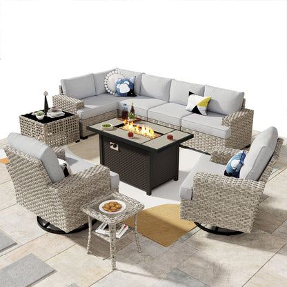 Ovios 10 Pieces Outdoor Patio Furniture Modern High-Back All-Weather Wicker Sectional Conversation Set with Propane Fire Pit Table & Swivel Chair, Dark Gray