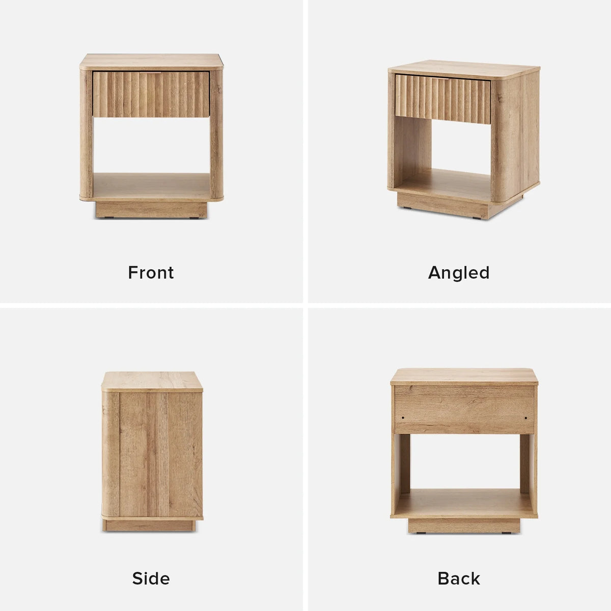 Mopio Brooklyn Oak Nightstand, Modern Farmhouse Side Table with Drawer and Storage, Fluted Panel, Curved Profile, Rose Gold Handle