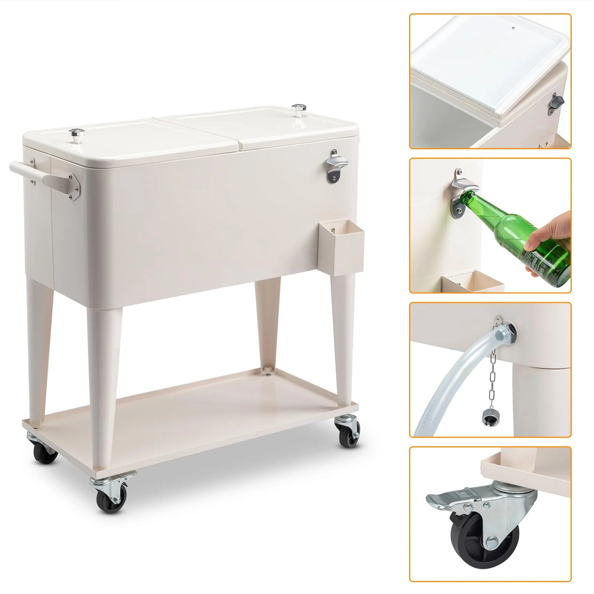BNSPLY 80 Quart Outdoor Cooler Cart Rolling Ice Chest Cooler Cart, Portable Patio Cooler with Bottle Opener, Handles and Drainage, Standing Cooler for Patio Party, Camping and BBQ, Mint Green