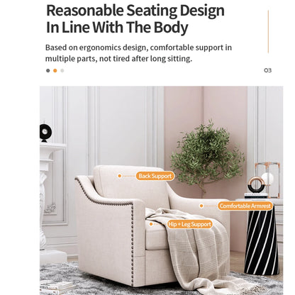 Swivel Accent Chair Armchair, 360�� Swivel Chair in Cotton Linen, Living Room Chairs with Wide Cusion and Curved Armrest, Comfy Barrel Sofa Reading Chairs for Bedroom, Small Spaces, Office, Grey