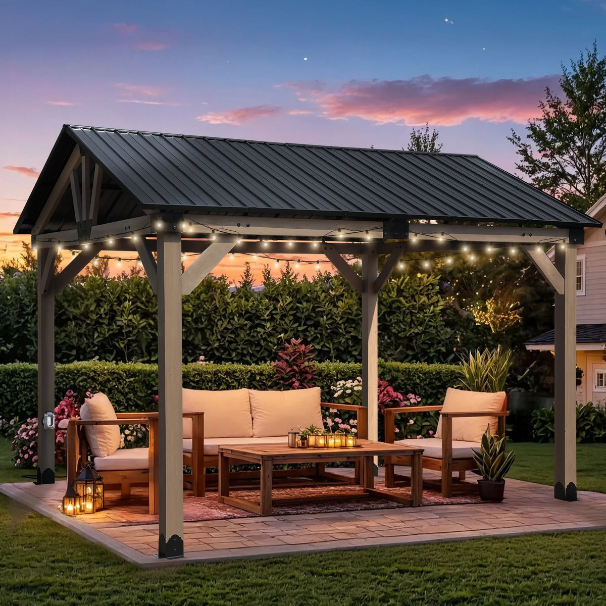 Aoodor 10 x 12 ft Wooden Frame Gazebo with 2-Tier Galvanized Metal Hardtop Roof, Outdoor Patio Gazebo with Charging Socket for Patio, Backyard, Deck, and Lawn