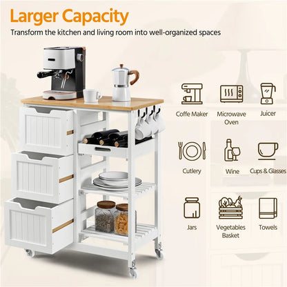 Alden Design 33" H Kitchen Storage Serving Cart for Kitchen Dining Room Bar, White