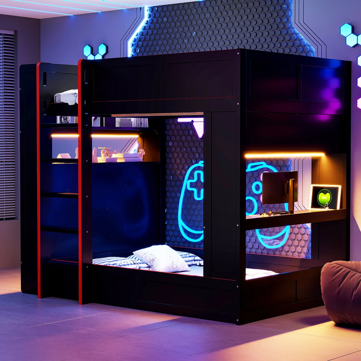Euroco Wood Full Size Loft Bed with Desk and Shelves, Gaming Bunk Bed with LED Light and USB Charging, Black