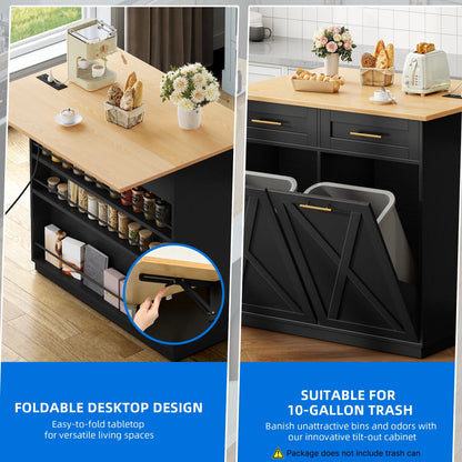 DEXTRUS Kitchen Island Cart with Drop Leaf & Power Outlets, Kitchen Island with 2 Trash Can Cabinets & Storage Shelves, Black