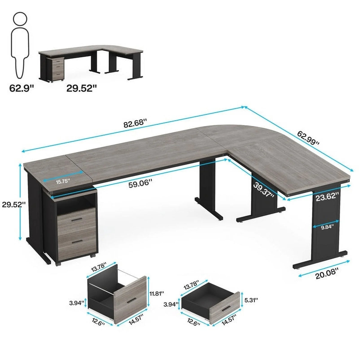 83" L-Shaped Executive Desk, Large L Office Desk with 3-Drawer Mobile File Cabinet, Business Furniture Desk Workstation Brown