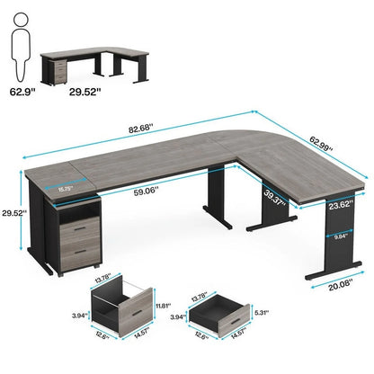 83" L-Shaped Executive Desk, Large L Office Desk with 3-Drawer Mobile File Cabinet, Business Furniture Desk Workstation Brown