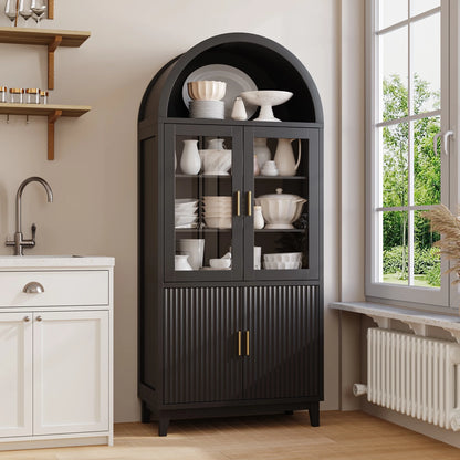 VEANERWOOD 71" Tall Arch Cabinet, Wood Fluted Kitchen Kitchen Storage Cabinet with 4 Doors and 6 Shelves for Dining Room Living Room