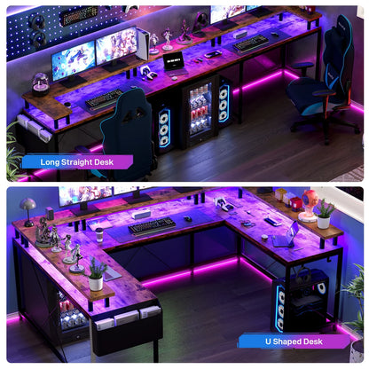 Yesfashion U Shaped Computer Gaming Desk, Reversible L Shaped Desk with Power Outlets, LED Strip & Monitor Stand, Large Corner Desk with Storage Shelves