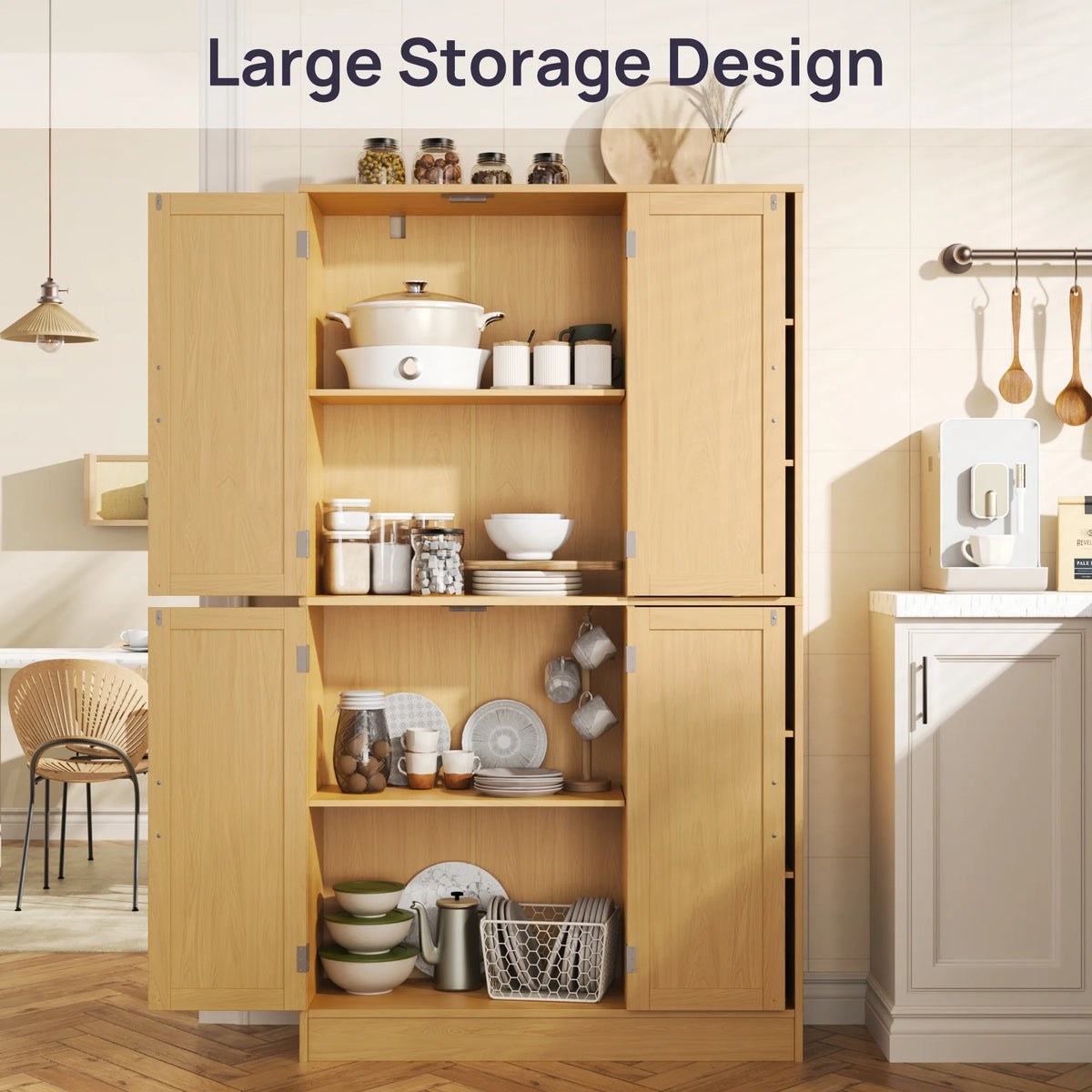 63" Tall Kitchen Pantry, Kitchen Pantry Cabinet with 4 Doors and Adjustable Shelves, Storage Cabinet for Dining Room, Laundry Room, Oak