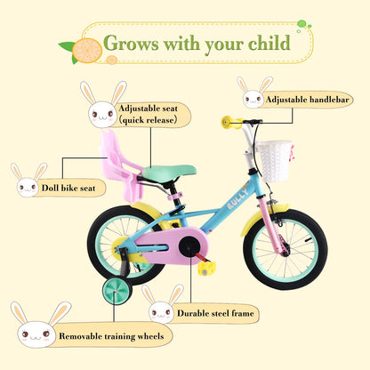 RULLY 14" Kids Bike for 3 4 5 Years Girls 35-47 inch Tall, Girls Toddler Bicycle with Training Wheels, Doll Bike Seat & Coaster Brake, Rainbow Bike, Macarons