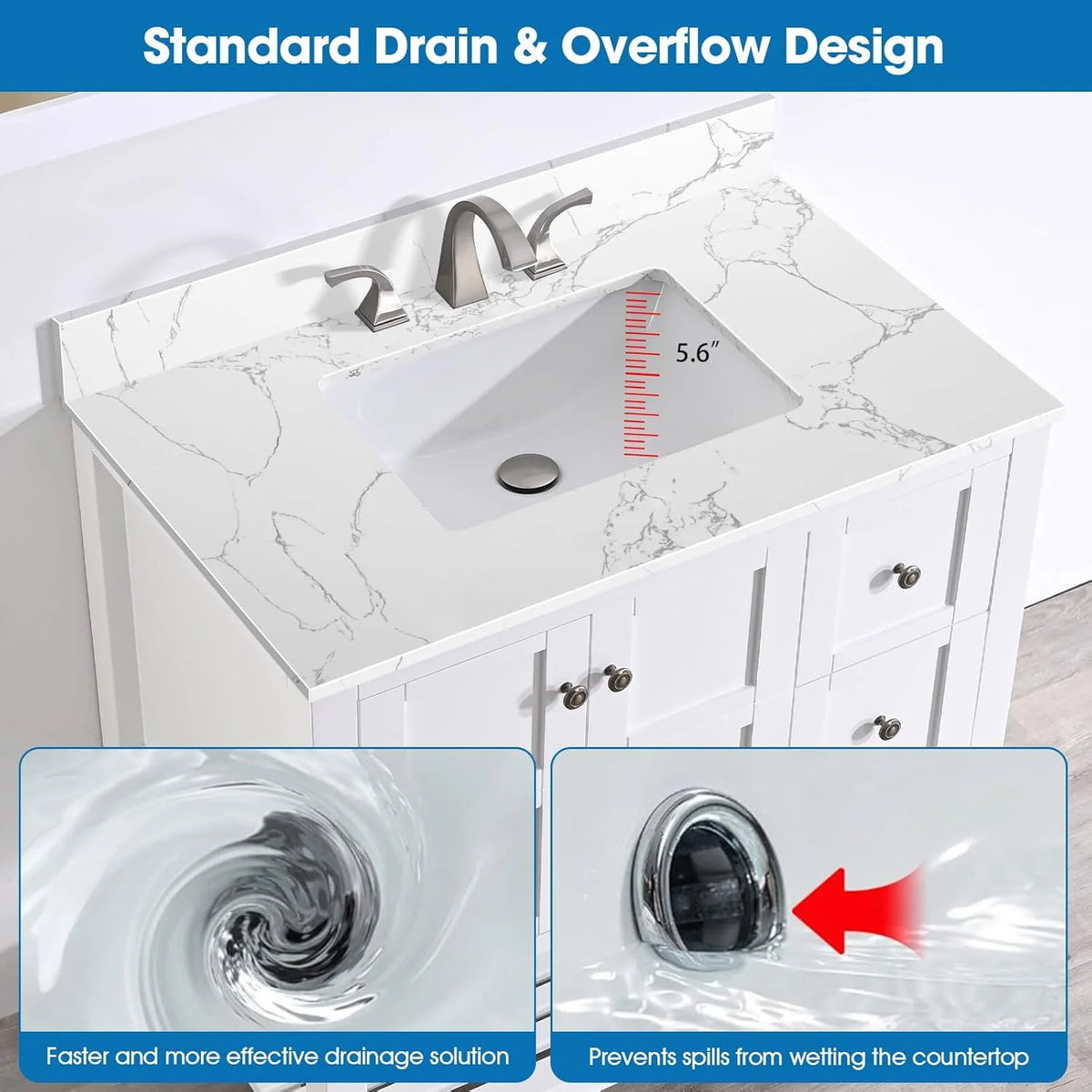 36x22 Engineered Stone Vanity Sink Top, White Bathroom Countertop with Undermount Left Sink, Vanity Top with 8 inch 3 Faucet Hole Spacing and Backsplash