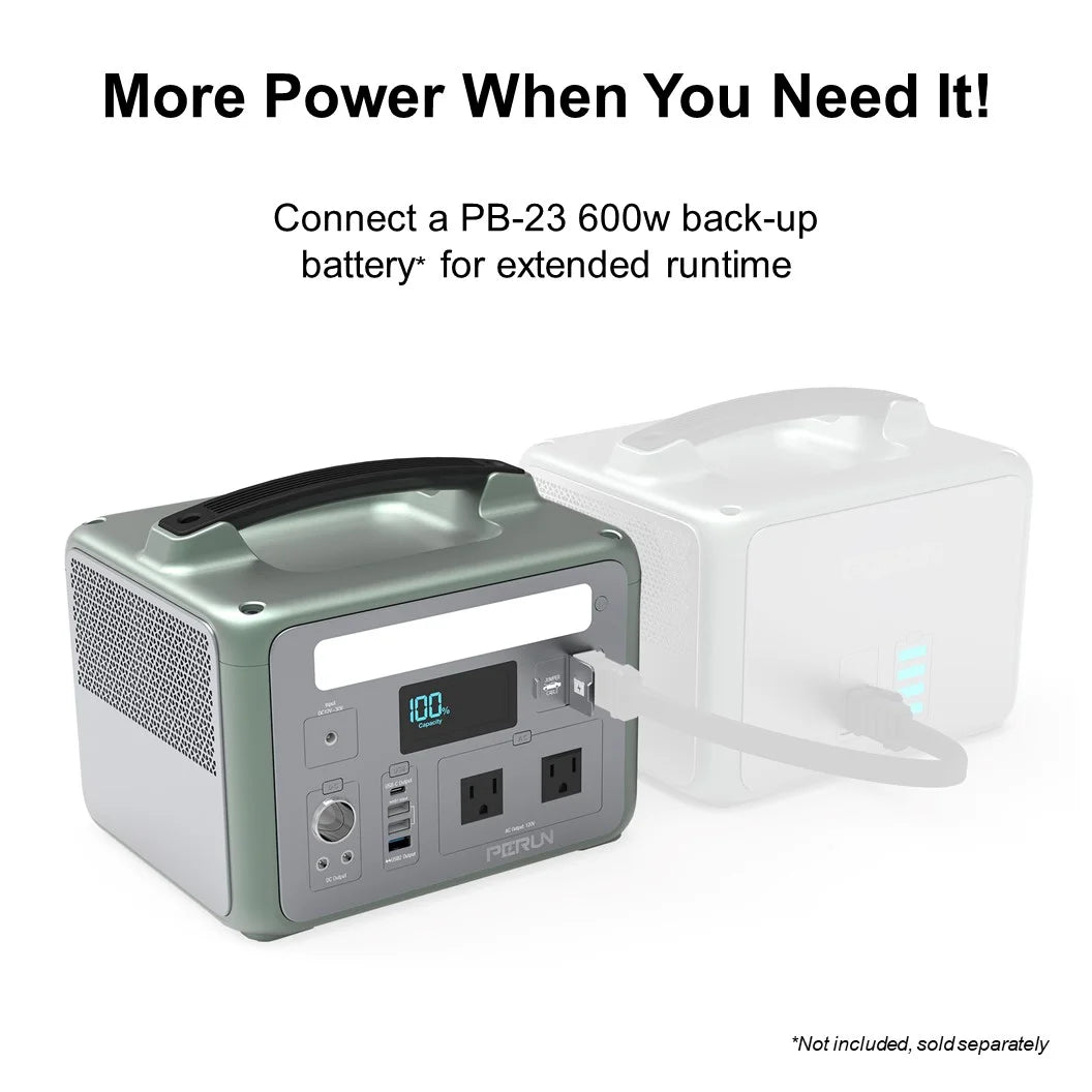PERUN Portable Power Station Pure Sine Wave Solar Generator, 1200 Peak starting Watts 600 Watts continuous Powered by Yard Force, Jumpstart capable, LED light, home, camping, electronic devices