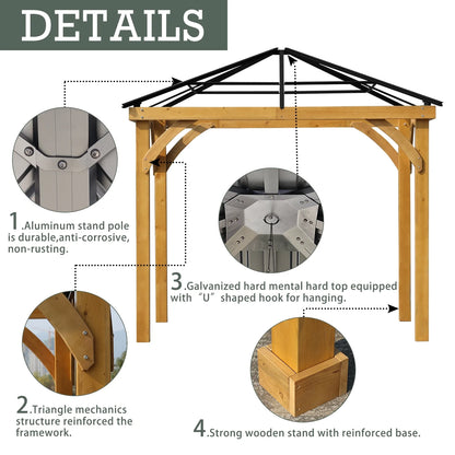 Aoodor 10 x 12 ft Wooden Frame Gazebo with 2-Tier Galvanized Metal Hardtop Roof, Outdoor Patio Gazebo with Charging Socket for Patio, Backyard, Deck, and Lawn