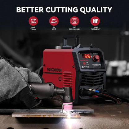 ARCCAPTAIN 55A Plasma Cutter, Non-Touch Pilot ARC High-Frequency Air Plasma Cutting Machine, 110/220V Dual Voltage IGBT Inverter, 1/2" Clean Cut, Post Flow,2T/4T, and 1/4" - 18 NPT, for Beginners DIY