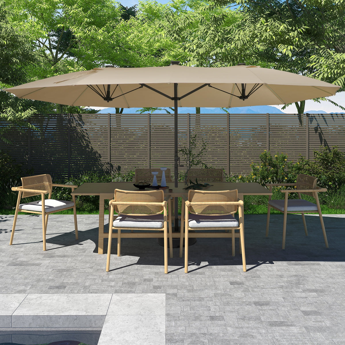 Mondawe 15ft Patio Umbrella, Large Double-Sided Solar LED Outdoor Umbrella with Fiberglass Ribs and Base for Deck Pool, Navy Blue