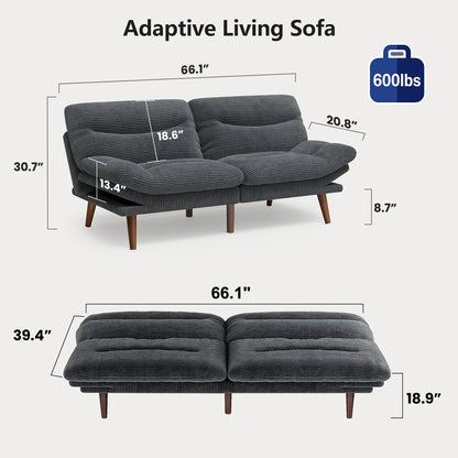 CHITOOMA 66" Futon Sofa Bed with Adjustable Backrest and 6-Level Armrests, Grey Corduroy Convertible Futon Couch, Comfy Loveseat for Small Spaces, Apartment or Office