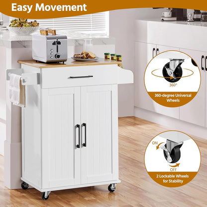 HXYHJ Kitchen Island on Wheels with Storage Cabinet, Rolling Kitchen Cart with Bamboo Top & Drawer & Spice Rack Towel Bar, Microwave Stand Cart for Kitchen/Dining Room, Black